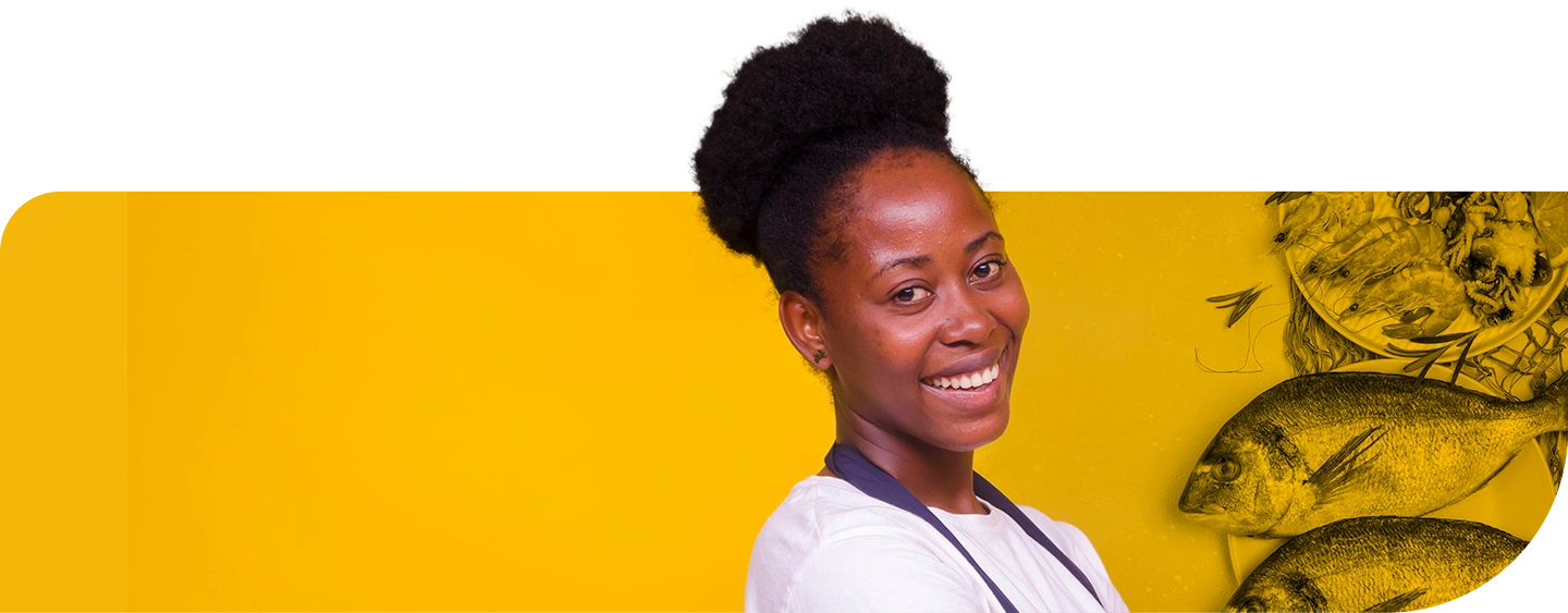 Smiling young woman on yellow background with image of fish