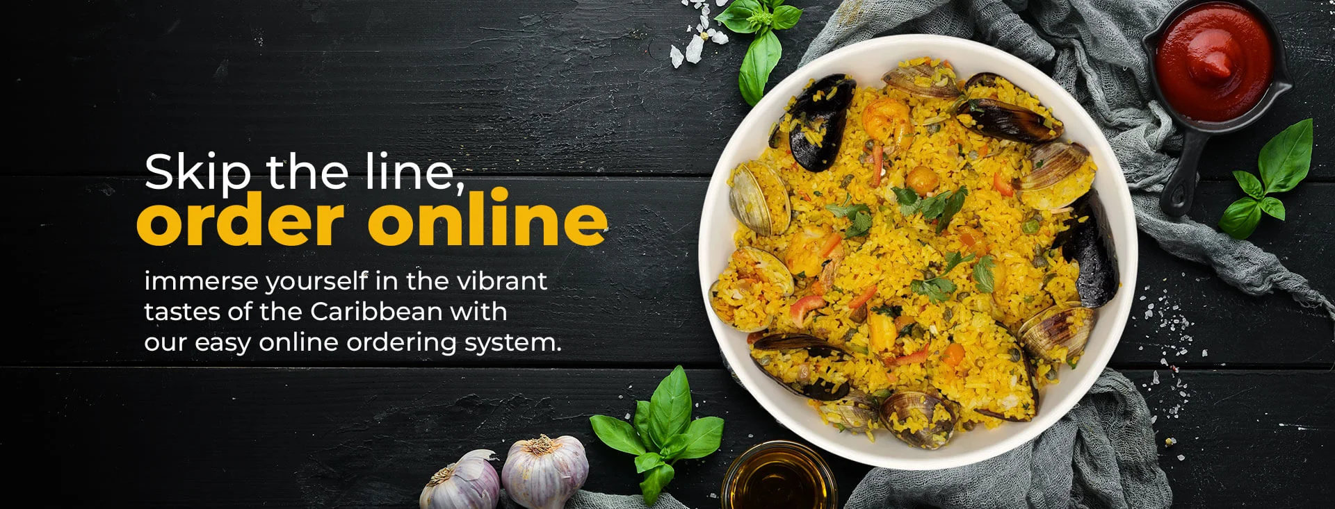 Plate with mussels and a lemon. Title says: Convenience meets flavor. Order your favorite dishes online and savor the taste of the islands at home.