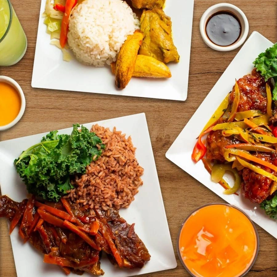 3 dishes of rice, meat and vegetables with sauces