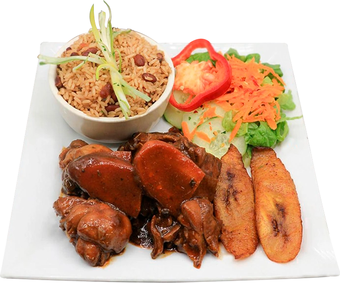 Square plate with salad, ripe plantain, meat in sauce with side of beans and rice